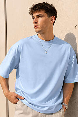 Bisiklet Yaka Basic Oversize Erkek T-shirt Buz Mavisi - MACHINIST