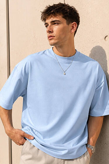 Bisiklet Yaka Basic Oversize Erkek T-shirt Buz Mavisi - Erkek T-shirt