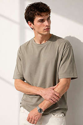 Bisiklet Yaka Basic Oversize Erkek T-shirt Haki - MACHINIST
