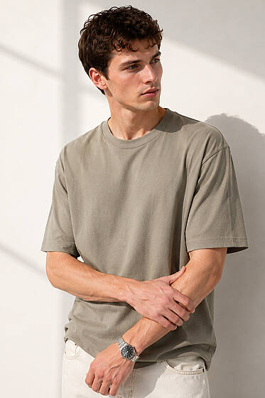 Bisiklet Yaka Basic Oversize Erkek T-shirt Haki - Erkek T-shirt