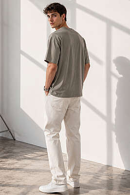 Bisiklet Yaka Basic Oversize Erkek T-shirt Haki - Erkek T-shirt