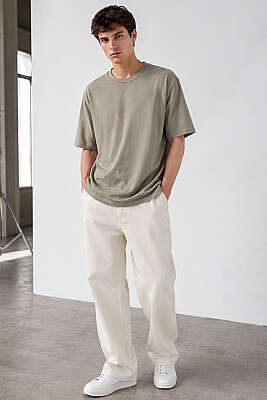 Bisiklet Yaka Basic Oversize Erkek T-shirt Haki - Erkek T-shirt