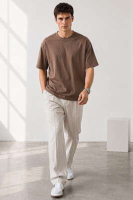 Bisiklet Yaka Basic Oversize Erkek T-shirt Kahve - Erkek T-shirt
