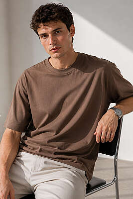 Bisiklet Yaka Basic Oversize Erkek T-shirt Kahve - MACHINIST