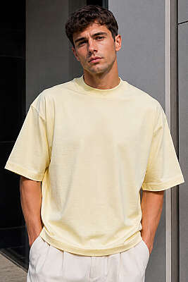Bisiklet Yaka Basic Oversize Erkek T-shirt Sarı - MACHINIST