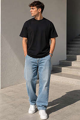 Bisiklet Yaka Basic Oversize Erkek T-shirt Siyah - Erkek T-shirt