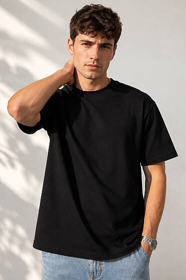 Bisiklet Yaka Basic Oversize Erkek T-shirt Siyah - Erkek T-shirt