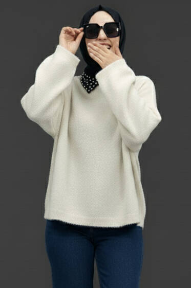 Bisiklet Yaka Basic Sakallı Kazak Beyaz - Triko Kazak