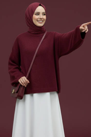 Bisiklet Yaka Basic Sakallı Kazak Bordo - Triko Kazak