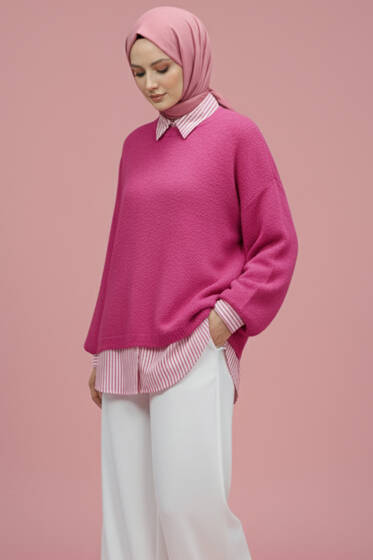 Bisiklet Yaka Basic Sakallı Kazak Fuşya - Triko Kazak