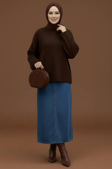 Bisiklet Yaka Basic Sakallı Kazak Kahve - Triko Kazak