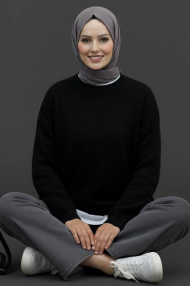 Bisiklet Yaka Basic Sakallı Kazak Siyah - Triko Kazak