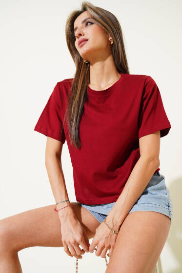 Bisiklet Yaka Basic T-shirt Bordo - Kadın Giyim Modelleri
