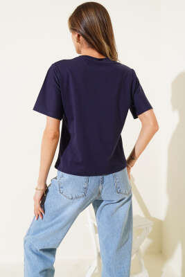Bisiklet Yaka Basic T-shirt Lacivert - Kadın Giyim Modelleri