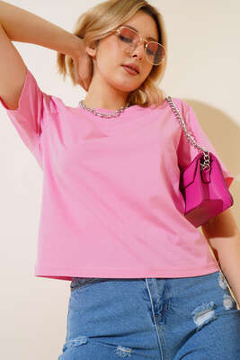 Bisiklet Yaka Basic T-shirt Pembe 