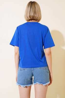Bisiklet Yaka Basic T-shirt Saks - Kadın Giyim Modelleri