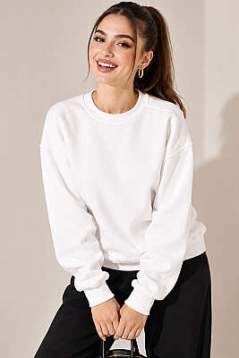 Bisiklet Yaka Basic Üç İplik Sweatshirt Ekru - HELLIE
