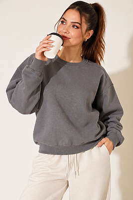 Bisiklet Yaka Basic Üç İplik Sweatshirt Kayrak Grisi - HELLIE
