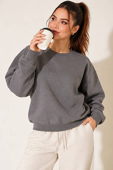 Bisiklet Yaka Basic Üç İplik Sweatshirt Kayrak Grisi - Kadın Giyim Modelleri