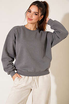 Bisiklet Yaka Basic Üç İplik Sweatshirt Kayrak Grisi - Kadın Giyim Modelleri