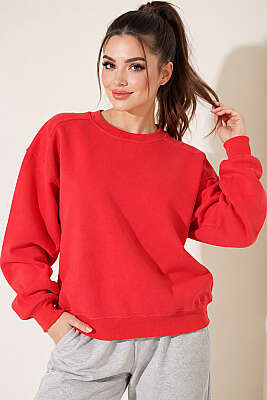 Bisiklet Yaka Basic Üç İplik Sweatshirt Kırmızı - HELLIE
