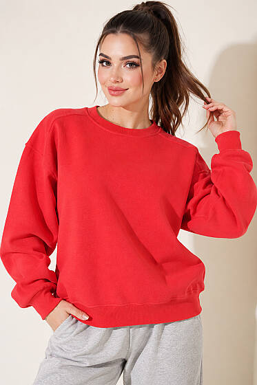 Bisiklet Yaka Basic Üç İplik Sweatshirt Kırmızı - Kadın Giyim Modelleri