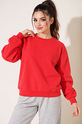 Bisiklet Yaka Basic Üç İplik Sweatshirt Kırmızı - Kadın Giyim Modelleri