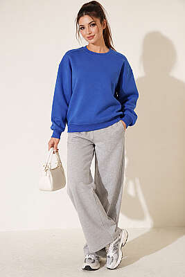 Bisiklet Yaka Basic Üç İplik Sweatshirt Saks - Kadın Giyim Modelleri