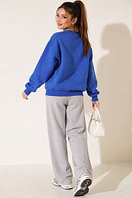 Bisiklet Yaka Basic Üç İplik Sweatshirt Saks - Kadın Giyim Modelleri