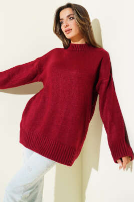 Bisiklet Yaka Basic Yumoş Kazak Bordo - Kadın Giyim Modelleri