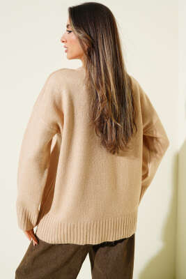 Bisiklet Yaka Basic Yumoş Kazak Camel - Kadın Giyim Modelleri