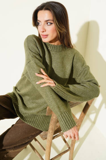 Bisiklet Yaka Basic Yumoş Kazak Haki - Kadın Giyim Modelleri