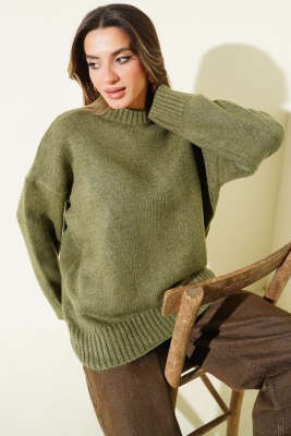 Bisiklet Yaka Basic Yumoş Kazak Haki - Kadın Giyim Modelleri