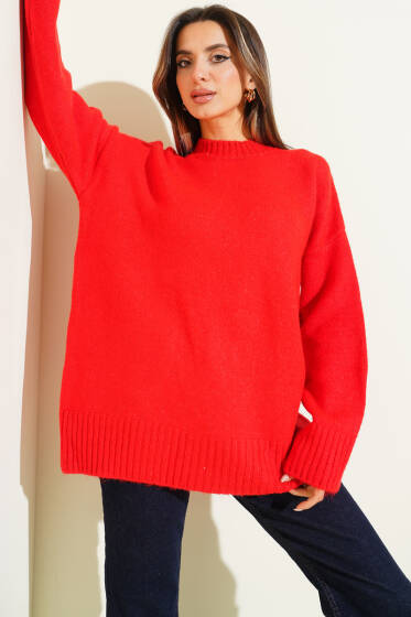 Bisiklet Yaka Basic Yumoş Kazak Kırmızı - Kadın Giyim Modelleri