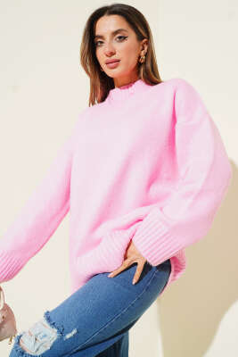 Bisiklet Yaka Basic Yumoş Kazak Pembe - Kadın Giyim Modelleri