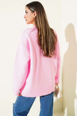 Bisiklet Yaka Basic Yumoş Kazak Pembe - Kadın Giyim Modelleri