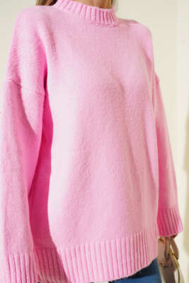 Bisiklet Yaka Basic Yumoş Kazak Pembe - Kadın Giyim Modelleri