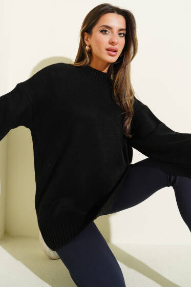 Bisiklet Yaka Basic Yumoş Kazak Siyah - Kadın Giyim Modelleri