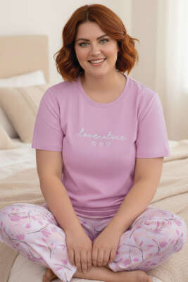 Bisiklet Yaka Baskılı Büyük Beden Pijama Takımı Pembe - MANOLYA