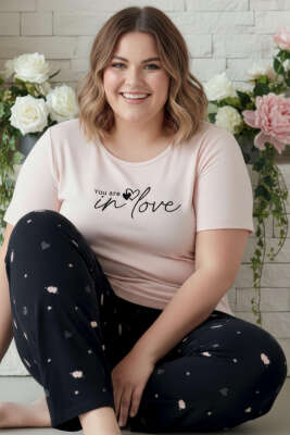 Bisiklet Yaka Baskılı Büyük Beden Pijama Takımı Yavru Ağzı - MANOLYA