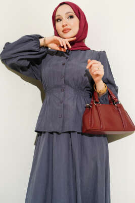 Bisiklet Yaka Bel Lastikli Takım Füme - İkili Takım