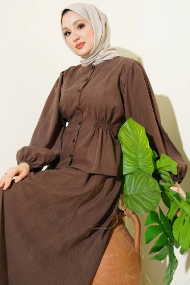 Bisiklet Yaka Bel Lastikli Takım Kahve - İkili Takım