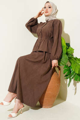 Bisiklet Yaka Bel Lastikli Takım Kahve - İkili Takım