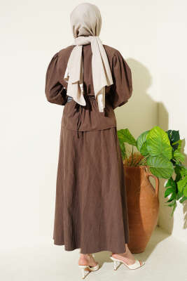 Bisiklet Yaka Bel Lastikli Takım Kahve - İkili Takım