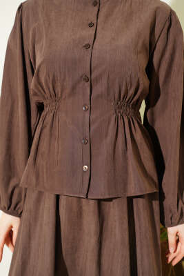 Bisiklet Yaka Bel Lastikli Takım Kahve - İkili Takım