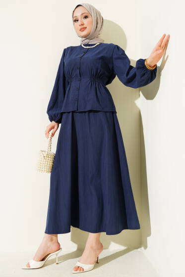 Bisiklet Yaka Bel Lastikli Takım Lacivert - İkili Takım