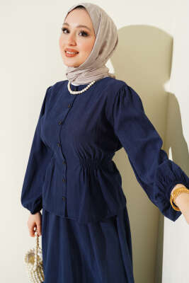 Bisiklet Yaka Bel Lastikli Takım Lacivert - İkili Takım