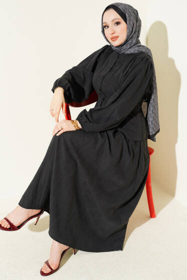 Bisiklet Yaka Bel Lastikli Takım Siyah - İkili Takım