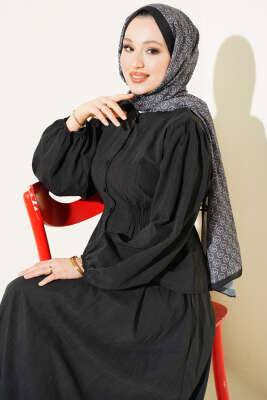 Bisiklet Yaka Bel Lastikli Takım Siyah - İkili Takım