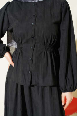 Bisiklet Yaka Bel Lastikli Takım Siyah - İkili Takım